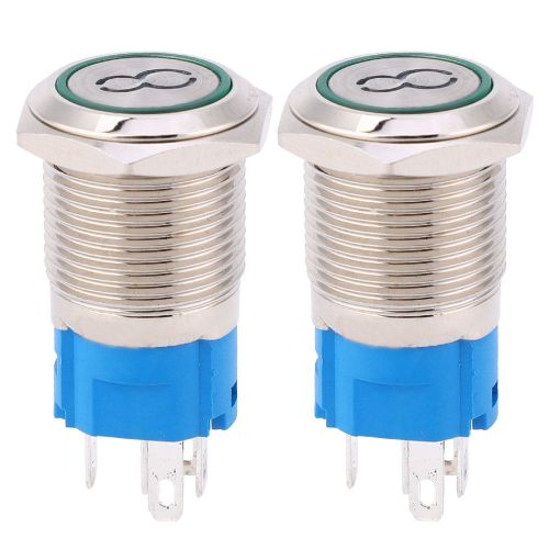 Lot De 2 Interrupteurs A Bouton-Poussoir De 16 Mm En Acier Inoxydable, Tete Plate, Reinitialisation Automatique, 5 Broches, Symbole ??8??, Vert, 3 A 6 V Cc