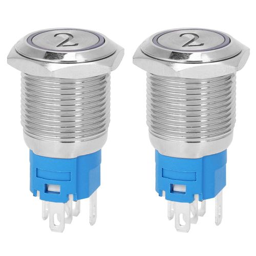 Lot de 2 interrupteurs a bouton-poussoir plats en metal a reinitialisation automatique, 5 broches, avec voyant et symbole numero 2, 16 mm, 220 V CA, blanc