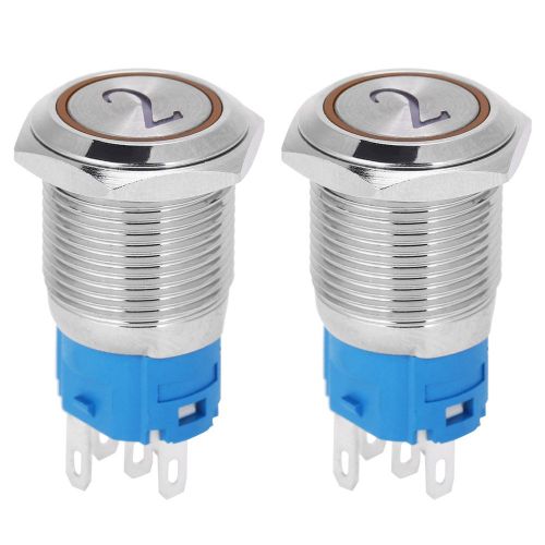 Lot de 2 interrupteurs a bouton-poussoir plats en metal a reinitialisation automatique, 5 broches, avec voyant et symbole numero 2, 16 mm, 220 V CA, jaune