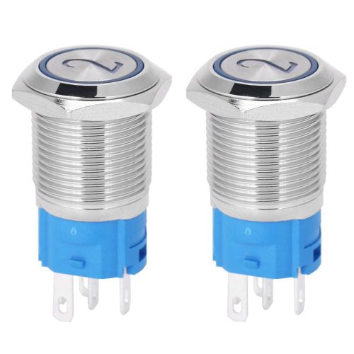 Lot de 2 interrupteurs a bouton-poussoir plats en metal a reinitialisation automatique, 5 broches, avec voyant et symbole numero 2, 16 mm, 3-6 V CC, bleu