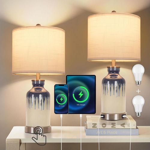 Lot De 2 Lampes De Table Avec Connecteurs Usb A + Type-C 2 Ampoules Led Dimmables, Abat-Jour Blanc Pour Salon, Chambre  Coucher, Bureau.[G763]