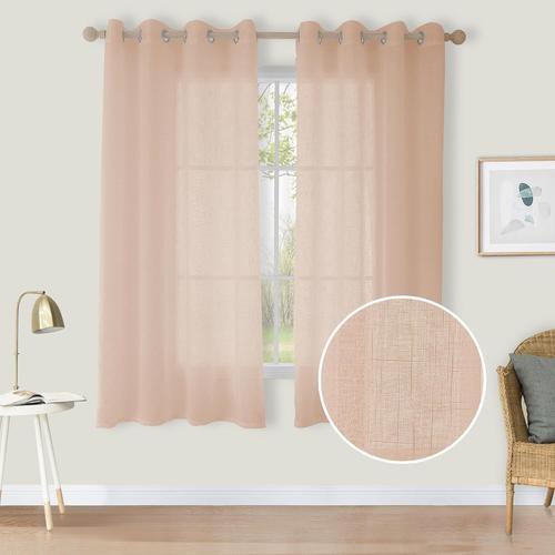 Lot De 2 Rideaux En Voile Aspect Lin Avec ?Illets Semi-Transparent Pour Chambre  Coucher, Salon - 145 X 140 Cm (H X L) - Rose Bb