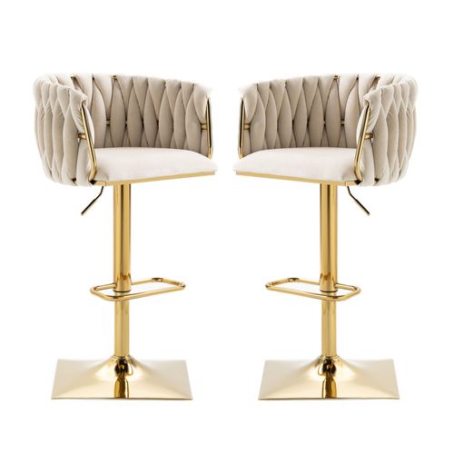 Lot De 2 Tabourets De Bar Rtro Beige Avec Dossier Et Repose-Pieds