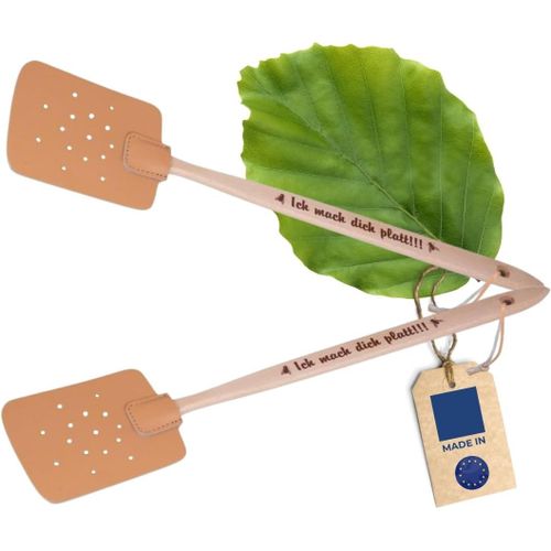 Lot De 2 Tapettes  Mouches En Bois De Htre Et Cuir,Originaires D'europe,Avec Inscription En Allemand : Ich Mach Dich Platt!!!,Raquette Pratique Pour Attraper Les Insectes,