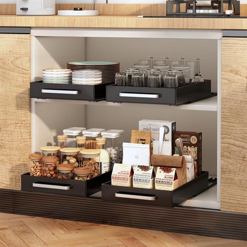 Lot De 2 Tiroirs Tlescopiques Extensibles Scuriss Avec Colle Nano - tagres De Rangement Extensibles En Acier Au Carbone Pour Garde-Manger Et Lavabo De Salle De Bain (Noir)