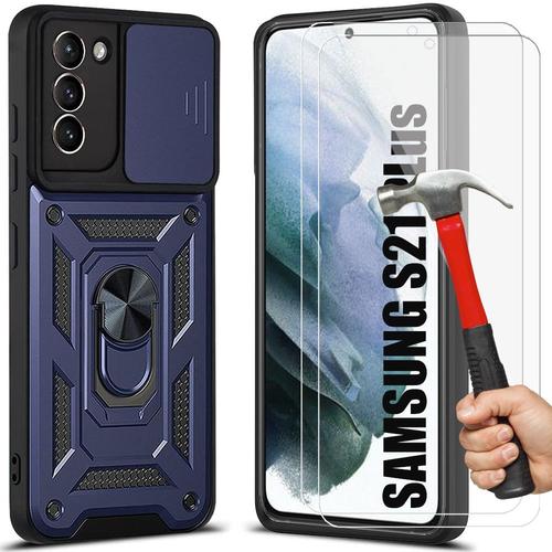 Lot De 2 Verres Trempes + Coque Pour Samsung S21 Plus (6.7'') Bleu Marine Antichoc Dure Anti-Rayure Cache Camera Rigide