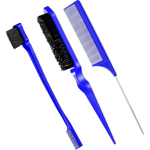 Lot De 3 Brosses  Cheveux  Bords En Poils (Bleu Fonc, Plastique), Brosse  Bords Double Face, Peigne  Dos Lisse, Peigne  Double Tranchant, Peigne  Queue De Rat Pour Femmes, Enfants Et Bbs
