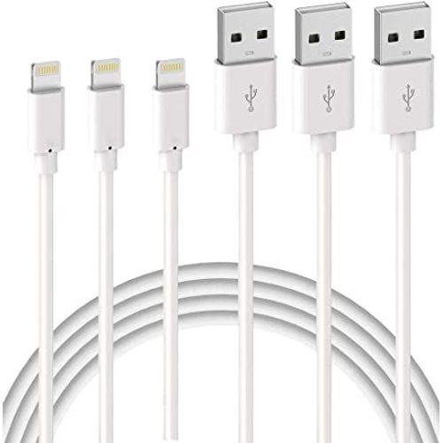 Lot De 3 Cble De Chargeur Iphone 1m, Fil Lightning Charge Rapide Pour Iphone 11 12 Mini 13 Pro Xs Max Xr X 8 7 6s 6 Plus 5 Se Ipad Chargeur, Cordon Iphone Blanc