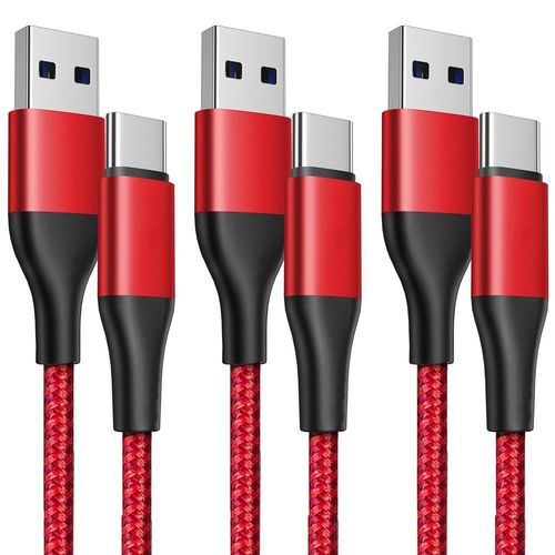 Lot de 3 Cble USB-C Rapide Nylon pour Samsung Galaxy A52s A54 A53 A52 A34 A33 A32 - 1 Mtre Rouge