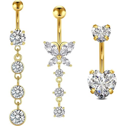Lot De 3 Piercings De Nombril Argents Et Dors En Acier Chirurgical 14 G 10 Mm Piercing De Nombril Papillon C?ur Piercing De Nombril Piercing De Nombril Piercing De Nombril