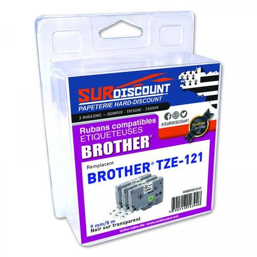 Lot De 3 Rubans Compatibles Pour Titreuse Brother Tze-121 9mm/8m Plastique Noir Sur Transparent