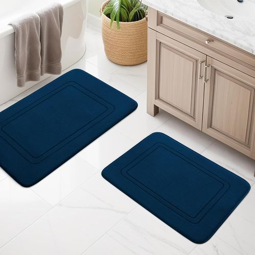 Lot De 3 Tapis De Salle De Bain En Mousse  MMoire De Forme Souple Et Tapis De Wc En Forme De U - AntidRapant Et Lavable - Bleu Marine