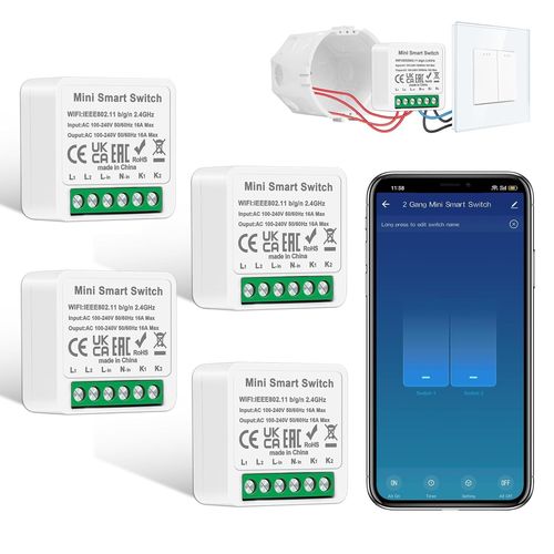 Lot De 4 Modules D'interrupteur Intelligents - 2 Voies - 1 Voie - Mini Interrupteur Wi-Fi Diy - S'adapte Derrire Un Interrupteur Mural - Compatible Avec Alexa Echo, Google Home, Smart Life,