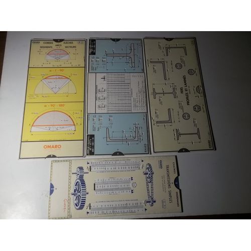 Lot De 4 Rgles  Calculs Omaro (Anciens 1935 -36 ) Cordes, Arcs Flches M.2) -Transmission (I.1)-Tubes, Poutrelles,Fers U Et T - Toles , Fers (P.8)