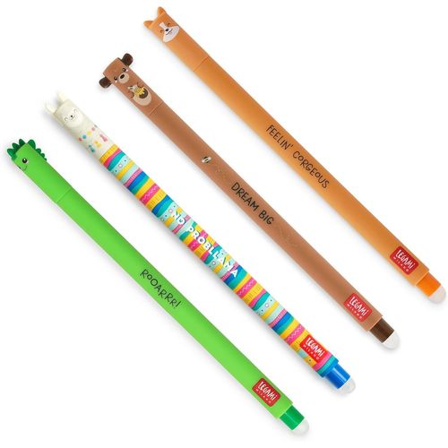 Lot De 4 Stylos Gel Effaables,Thmes Dino,Teddy Bear,Corgi,Llama,Boule Sur Les Extrmits Pour Enlever L'encre,Noir,Bleu,Vert,Rouge,Thermosensible,Diamtre De La Pointe 0,7 Mm