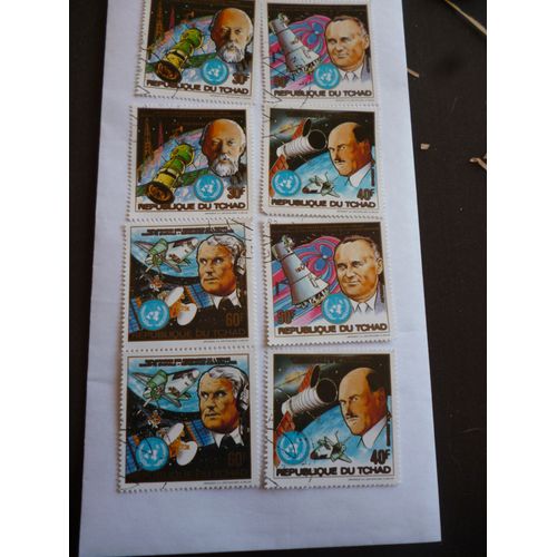 Lot De 4 Timbres Tchad :Exploitation Des Ressources De L'espace.:Soyouz,Navette , Tlscope, Navette Spatiale.