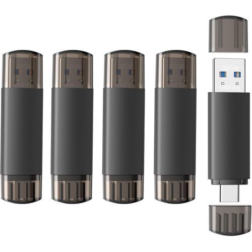 Lot de 5 cls USB 32 Go  Double Interface USB-A et USB-C 3.0,Compatible avec Android,tlphone et PC pour Stockage de donnes,PhotoTech,pour Stockage Externe du tlphone,Noir