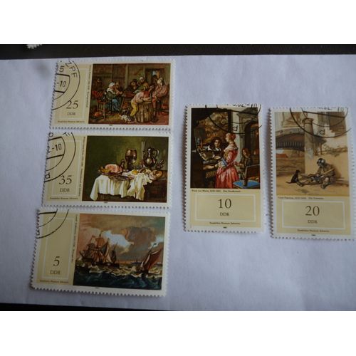 Lot De 5 Timbres Ddr :Muse D'tat De Schwerin:Mer Agite;Groupe De Paysans:Table De Petit Djeuner;La Sentinelle;Concert.