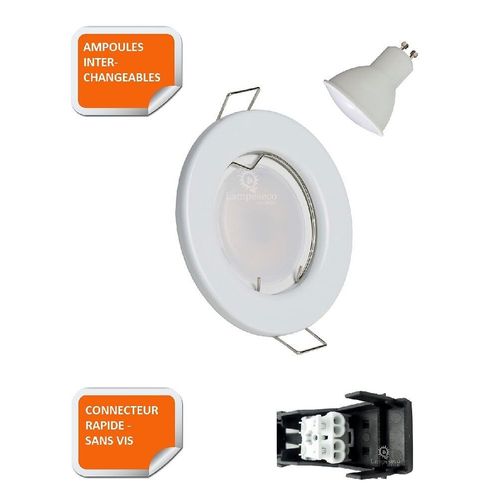 Lot De 50 Spot Led Encastrable Complete Ronde Fixe Eq. 50w Lumiere Blanc Neutre