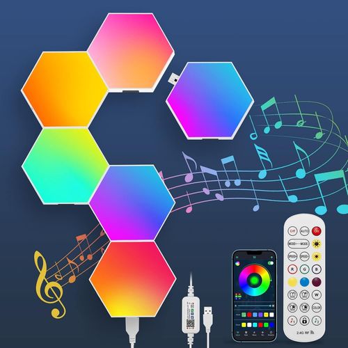 Lot De 6 Appliques Murales Hexagonales Led Rvb Avec Tlcommande, Lampe De Dcoration De Jeu Intelligente Diy Gomtrie pissure Lampe Quantum Avec Alimentation Usb (6 Pices)