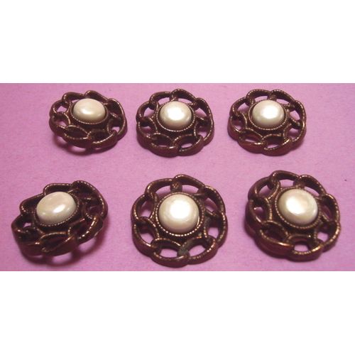 Lot De 6 : Bouton  Queue Style Ancien Avec Perle - Rsine - Diamtre 29 Mm