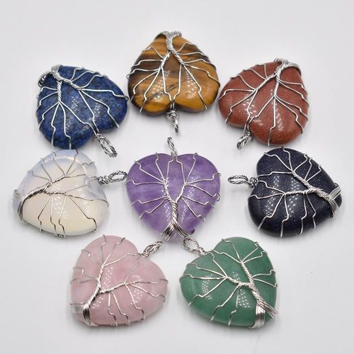 Lot De 6 Pendentifs Enrouls En Fil Blanc, Pierre Naturelle Mixte, Arbre De Vie En Forme De CUr, Fait  La Main, Vente En Gros