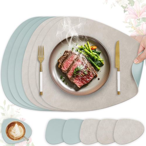 Lot De 6 Sets De Table En Cuir Synthtique-Lavables Et Impermables-Aspect Cuir Avec Dessous De Verre-Double Face-Antidrapants (Ovale,Gris Clair + Bleu Clair)