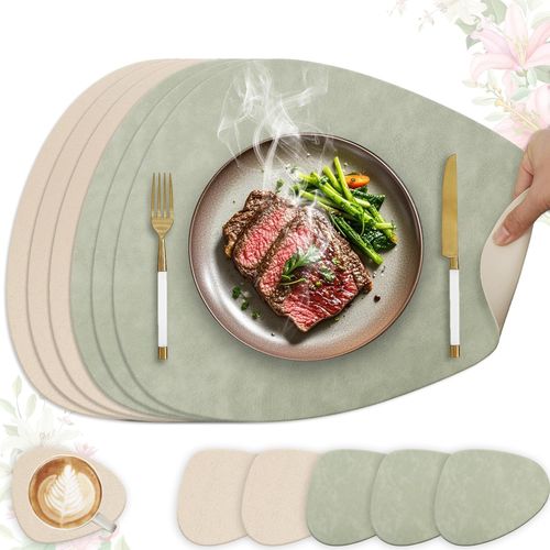 Lot De 6 Sets De Table En Cuir Synthtique-Lavables Et Impermables-Aspect Cuir Avec Dessous De Verre-Double Face-Antidrapants (Ovale,Vert Clair + Beige)