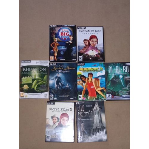 Lot De 8 Jeux Vido Pc (Secret Files 1 Et 2, The Next Big Thing, Rhiannon, Sherlock Holmes, Runaway 2, L'le Noye, Ni Bi Ru...)
