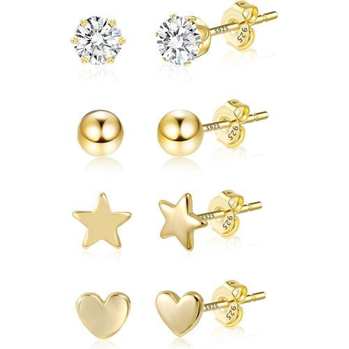 Lot De Boucles D'oreilles En Or Pour Femme-En Argent Sterling 925 Plaqu Or 14 Carats-Avec Zircone Cubique-Multipack-Boucles D'oreilles Pour Piercing Mdical-Petite Boule-C?Ur Et toile.[X1474]