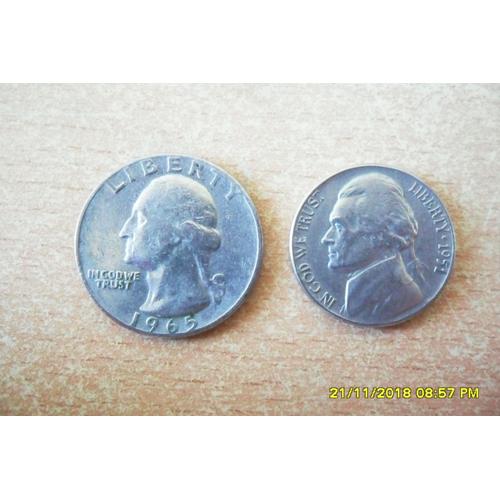 Lot De Deux Monnaies/Usa/Quarter Dollar 1965 Et 5 Cent 1951 En Ttb.