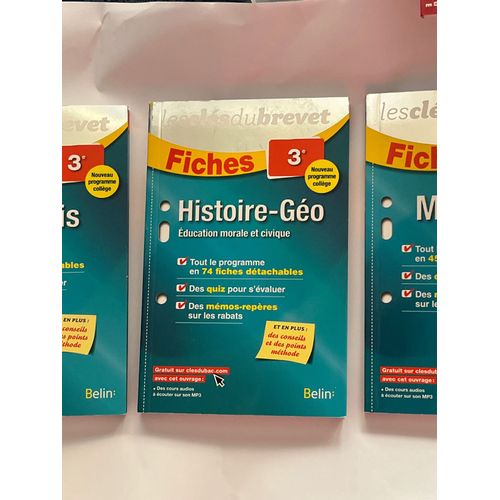 Lot De Trois Livres  Les Cls Du Brevet  Franais, Maths, Histoire-Geo Tout Le Programme En Fiches Dtachables Belin diteur Nouveau Programme Collge Et En Plus Des Quiz Et Des  Mmos Repre 