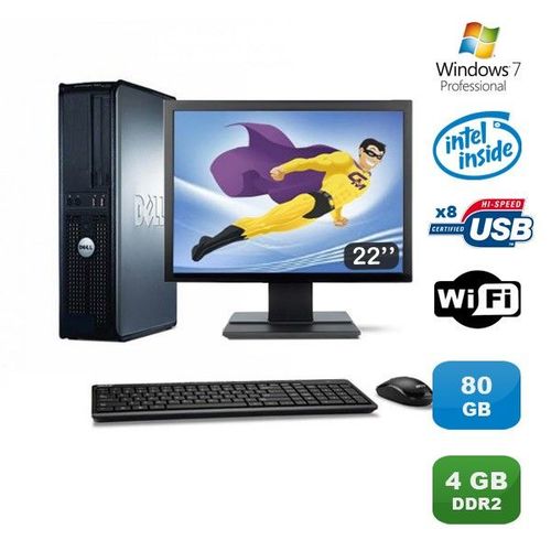 Lot PC DELL Optiplex 760 DT Dual Core E5200 2,5Ghz 4Go 80Go Wifi W7 Pro Ecran 22
