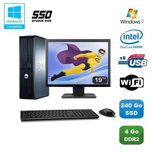 Lot PC DELL Optiplex 760 DT E5200 2,5Ghz 4Go DDR2 240Go SSD WIFI Win 7 + 19