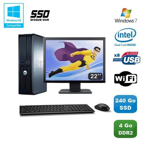 Lot PC DELL Optiplex 760 DT E5200 2,5Ghz 4Go DDR2 240Go SSD WIFI Win 7 + 22