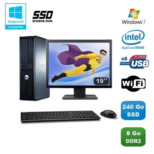 Lot PC DELL Optiplex 760 DT E5200 2,5Ghz 8Go DDR2 240Go SSD WIFI Win 7 + 19
