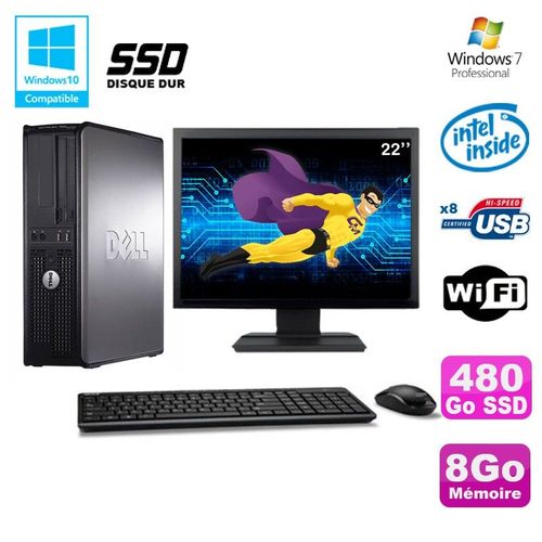 Lot PC DELL Optiplex 760 DT E5200 2,5Ghz 8Go DDR2 480Go SSD WIFI Win 7 + 22