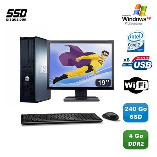 Lot PC DELL Optiplex 760 DT E8400 3Ghz 4Go DDR2 240Go SSD WIFI XP Pro + 19