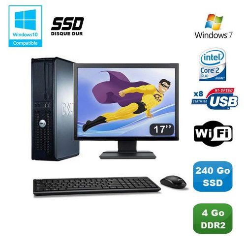 Lot PC DELL Optiplex 760 DT Intel E8400 3Ghz 4Go DDR2 240Go SSD WIFI Win 7 + 17