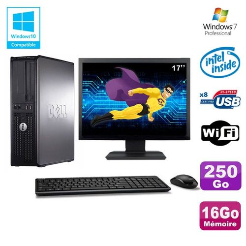 Lot PC DELL Optiplex 780 DT Intel E5200 2,5Ghz 16Go 250Go WIFI Win 7 + Ecran 17