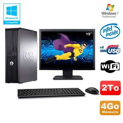 Lot PC DELL Optiplex 780 DT Intel E5200 2,5Ghz 4Go 2000Go WIFI Win 7 + Ecran 19