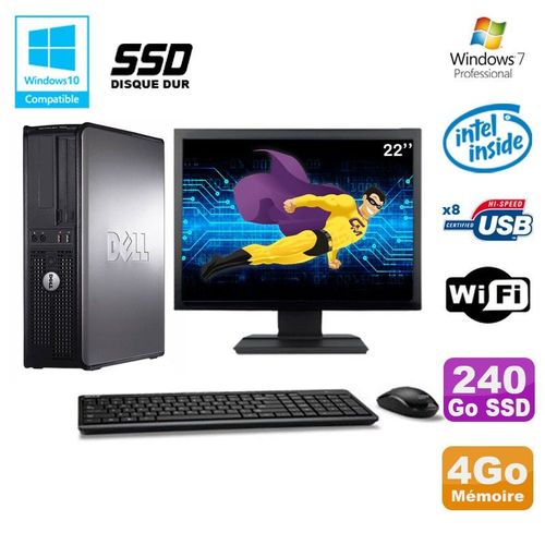 Lot PC DELL Optiplex 780 DT Intel E5200 2,5Ghz 4Go 240Go SSD WIFI W7 + Ecran 22