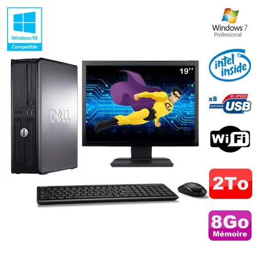 Lot PC DELL Optiplex 780 DT Intel E5200 2,5Ghz 8Go 2000Go WIFI Win 7 + Ecran 19