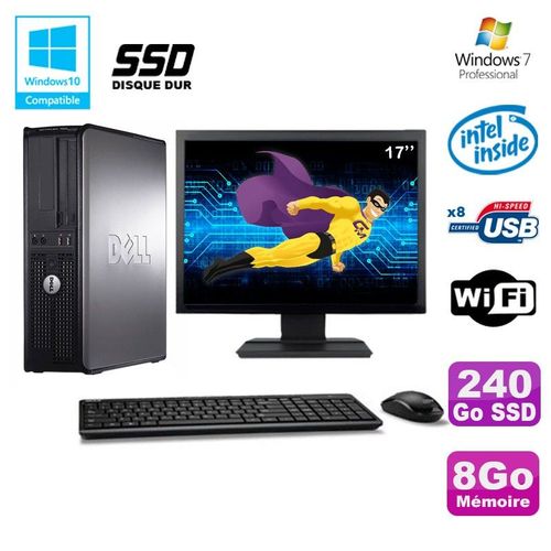 Lot PC DELL Optiplex 780 DT Intel E5200 2,5Ghz 8Go 240Go SSD WIFI W7 + Ecran 17