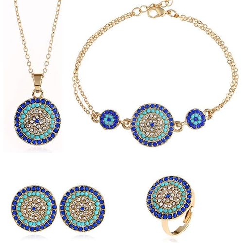 Lucky Round Evil Eye Ensemble De Bijoux Turc Hamsa Bleu Cubique Zircone Cristal Evil Eye Charme Pendentif Collier Bague Bracelet Et Boucles D'oreilles Ensembles Pour Fille Femmes[X1067]