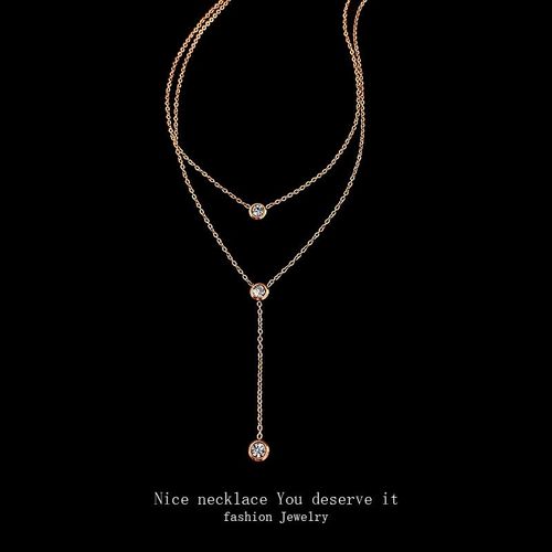Luxe Lger Et Design Simple Collier En Acier Au Titane Fminit Double Couche Zircon Chane De Clavicule Accessoires De Personnalit De La Mode Corenne-X123 Or Rose