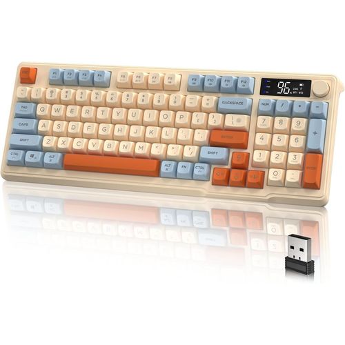 M96 Gaming Keyboard Clavier de Jeu sans Fil Dual Mode avec 2,4G et BT,Clavier Semi-mcanique Membrane 94 Touche avec Display & Knob,Rainbow Backlit PBT Keycap 3000mAh Rechargeable-Bleu.[W300]