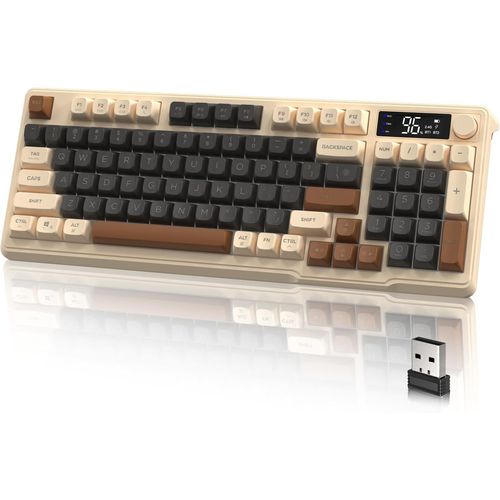 M96 Gaming Keyboard Clavier de Jeu sans Fil Dual Mode avec 2,4G et BT,Clavier Semi-mcanique Membrane 94 Touche avec Display & Knob,Rainbow Backlit PBT Keycap 3000mAh Rechargeable-Caf.[W299]