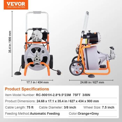 Machine De Dboucheur Canalisation-Vevor-75ft X 3/8 Pouces- Machine De Nettoyage De Drain Portable-Pour Tuyaux De 2