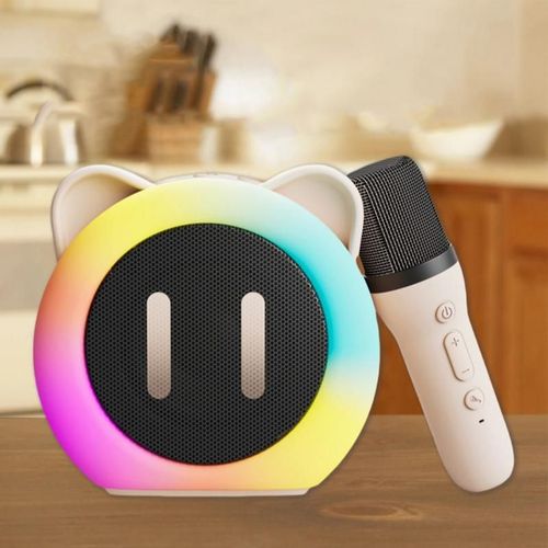 Machine de karaok portable avec oreilles mignonnes,clairage RVB,haut-parleur sans fil,ensemble de microphones,2 micros sans fil pour le camping #B